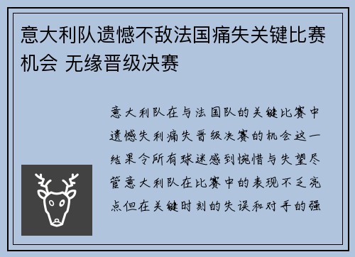 意大利队遗憾不敌法国痛失关键比赛机会 无缘晋级决赛