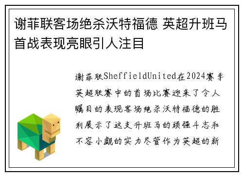谢菲联客场绝杀沃特福德 英超升班马首战表现亮眼引人注目