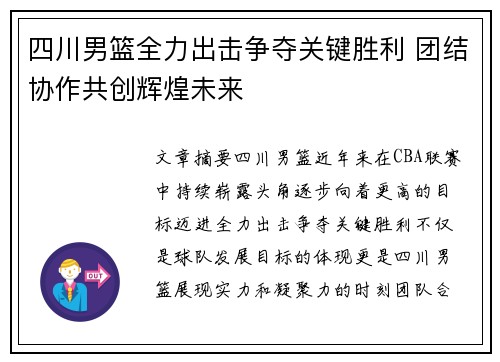 四川男篮全力出击争夺关键胜利 团结协作共创辉煌未来