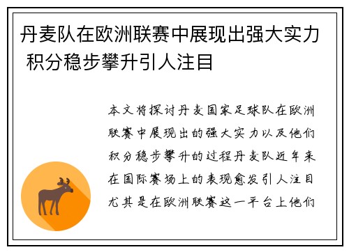 丹麦队在欧洲联赛中展现出强大实力 积分稳步攀升引人注目
