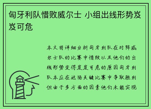 匈牙利队惜败威尔士 小组出线形势岌岌可危