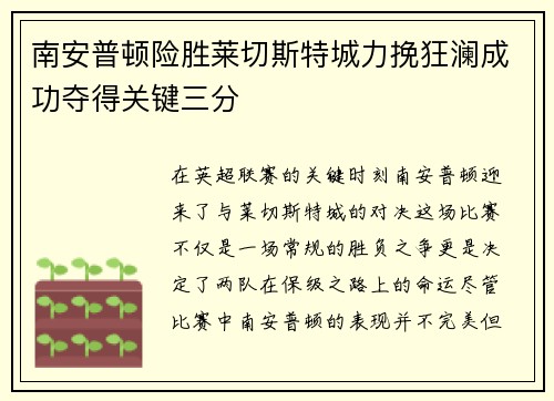 南安普顿险胜莱切斯特城力挽狂澜成功夺得关键三分