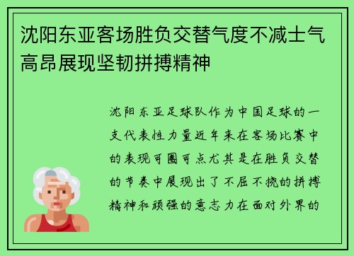 沈阳东亚客场胜负交替气度不减士气高昂展现坚韧拼搏精神