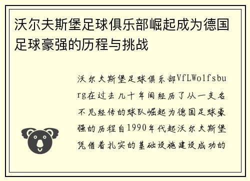沃尔夫斯堡足球俱乐部崛起成为德国足球豪强的历程与挑战