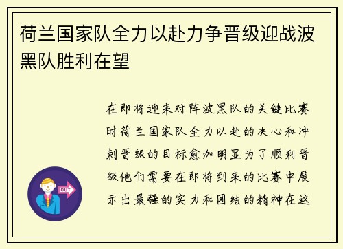 荷兰国家队全力以赴力争晋级迎战波黑队胜利在望