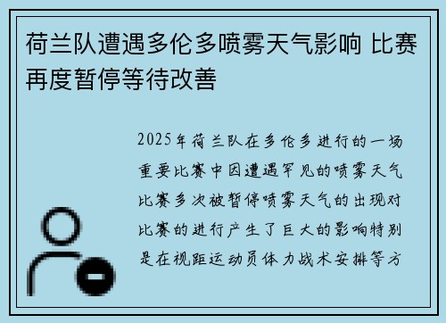 荷兰队遭遇多伦多喷雾天气影响 比赛再度暂停等待改善